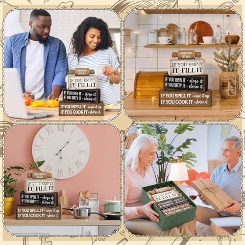 Moucuny 4 Pcs Farmhouse Tiered Tray Decor, Kitchen Rules Wooden Signs - Image 5
