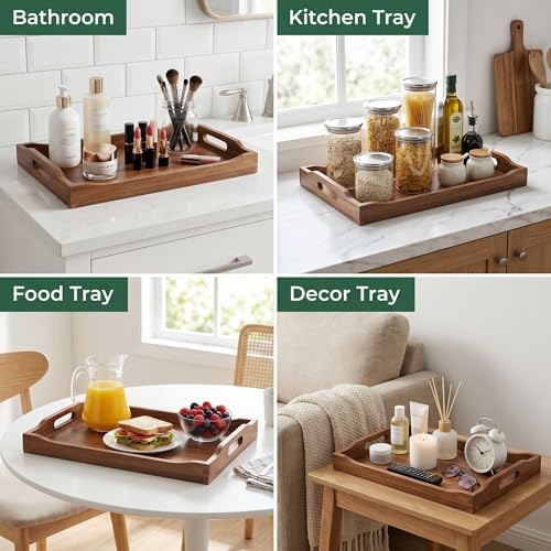 Acacia Wood Serving Tray Set of 2 with Handles for Ottoman Coffee Table - Image 2