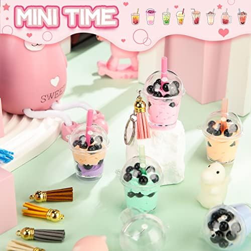 Cunno 348 Pcs Mini Milky Tea Keychain Accessories Bubble Tea Cream Glue Casting Includes Keychain Rings Mini Cup Pendant Charm Straws Assels, 12 Pcs Each, 300 Bubble Beads for DIY Crafts(Bright Color) - Image 4
