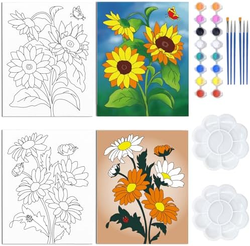 WEBEEDY 2 Pack 8x10 Pre Drawn Canvas Painting Kit Beautiful Flower Stretched Canvas Painting for Adults DIY Painting and Sip Party Supplies Outdoor Parties Birthday Gifts by WEBEEDY