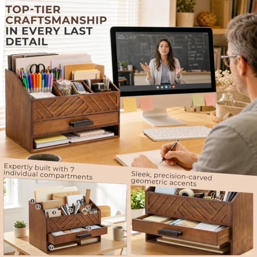Wooden Desk Organizer with 7 Compartments and Drawer, Rustic Desktop Mail Organizer for Desk, Wooden Mail Sorter Organizer with Deep Pockets, File Holder and Sturdy Black Handle for Home Office-Brown - Image 5