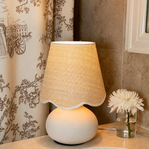 11" Small Mini Boho Table Lamp – Handmade Ceramic Cream Base with Scallop Woven Rattan Shade, Dimmable Plug-In Accent Light for Bedroom, Nightstand, Small Spaces, Kitchen Counter, Bookshelf - Image 4