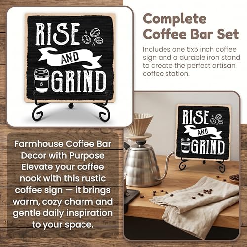 Coffee Bar Sign, Rise and Grind Farmhouse Tabletop Decor, Coffee and Tea Lover Gifts, 5x5 Wood Plaque with Iron Stand for Home Kitchen Cafe, Coffee Bar Decor – A01 - Image 7