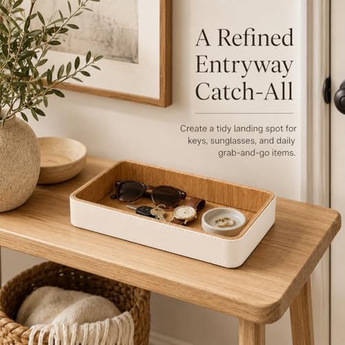 GORESE Rectangle Perfume Tray for Dresser, PU Leather Jewelry Tray for Vanity, Cream White & Wooden - Image 2