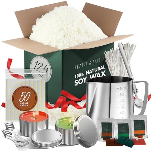 Hearth & Harbor Soy Wax for Candle Making - Natural Soy Wax Flakes, 12.4 oz Bag, 2 Candle Tins, 50 Cotton Wicks, 2 Centering Devices by HearthHarbor