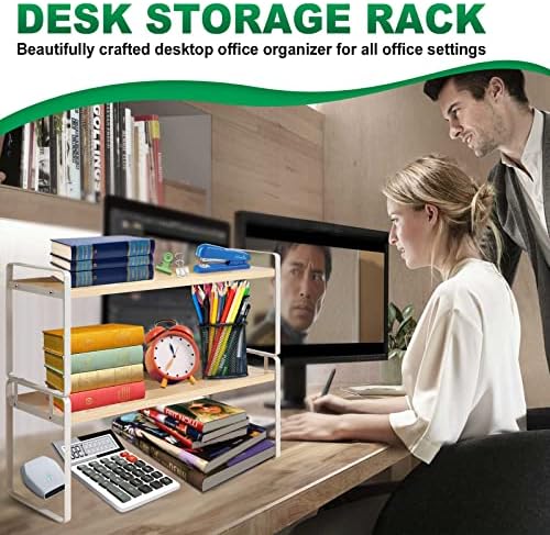YGYQZ Desk Shelf Organizer, 2-Tier Desktop Bookshelf, White & Wood - Image 4