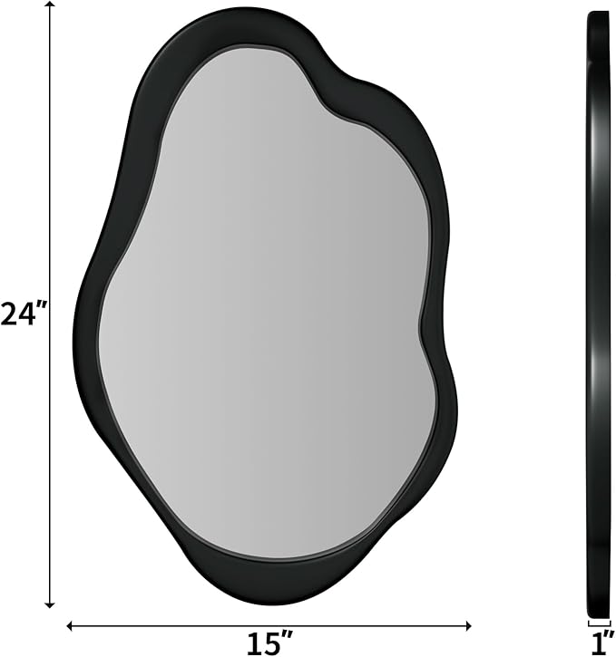 24"x 15" Black Wavy Wall Mirror Wood Frame, Modern Decorative Asymmetrical Mirror for Bedroom, Living Room, Entryway