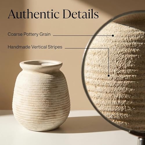 Rustic Terracotta Pot, 7 Inch Short Farmhouse Vase with Weathered Texture Off-White, Boho Home Decor for Pampas Grass, Tabletop, Mantel and Shelf Styling - Image 7
