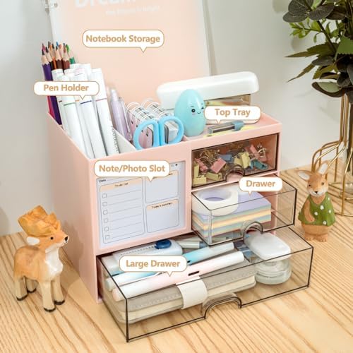 QIYVLOS Multi-Functional Desk Organizer with 3 Drawer and 8 Compartments, Pink - Image 2