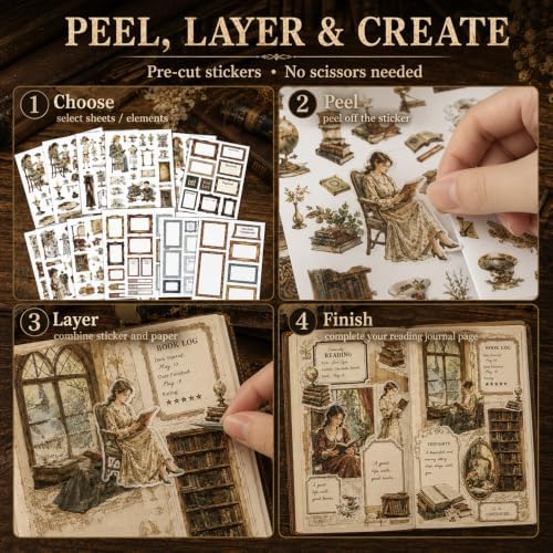 50 Sheets Precut Reading Journal Sticker Book, Vintage Scrapbook Kit - Image 3