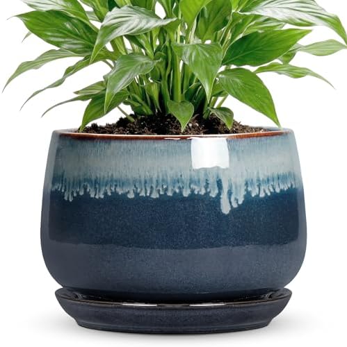 7 Inch Plant Pot Indoor, Ceramic Plant Pots, Retro Blue by Fivepot