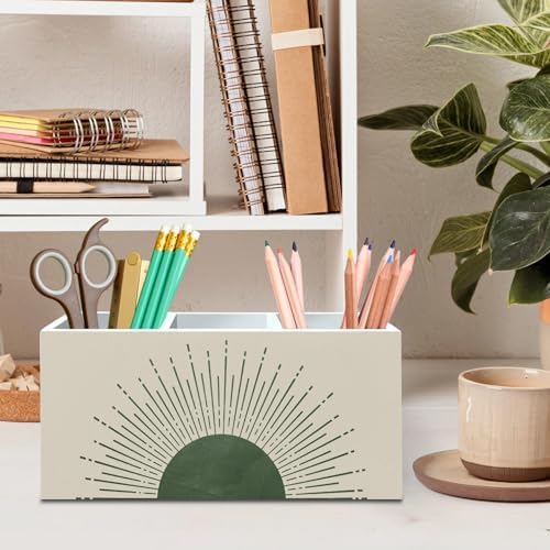 DILSJ Boho Abstract Sunshine Pen Pencil Holder Organizer for Desk, Boho Office Decor, Sage Green Mid Century Modern Minimalist Sun Sunshine Wooden Box Signs for Home Office Desk Tabletop Decoration - Image 2
