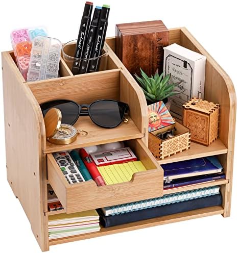Frcctre Bamboo Desktop Organizer with Drawer, 3 Tier Wooden Desk File Document Organizer with Pen Holder, Tabletop Stationery Storage Organizer Storage Rack for Desk Accessories, Office Supplies - Image 3