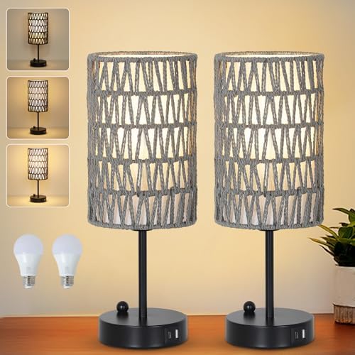 Gray Bedside Lamps Set of 2, Touch Control Night Stand Lamp for Bedroom with Rattan & Linen Shade & Bulbs, 3 Way Dimmable Small Boho Table Lamps with USB Charging Port & Phone Stand by LightingFixtures