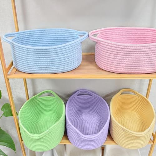 ABenkle Small Basket with Handles, Boho Decorative Rope Woven Dog Cat Toy Storage Bin Shelf Storage Organizer, Easter Christmas Gift Basket, 12"x8"x5", Blue - Image 7