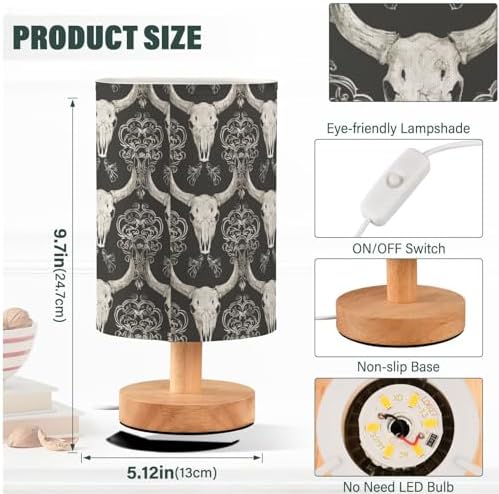 Black Western Cow Skull Goth Floral Table Lamp for Bedroom USB Port Lamps Small Accent Table Lamp Nightstand Lamp Sturdy Linen Shade Wooden Base Decorative Lamps for Bedside Reading|Kids|Dorm|Home - Image 4