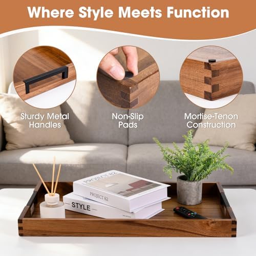 Large Ottoman Tray for Living Room and Coffee Table, Decorative Acacia Wood Serving Tray with Metal Handles for Breakfast in Bed, Dinner Food Kitchen TV (Natural, 24" x 15" x 2") - Image 3