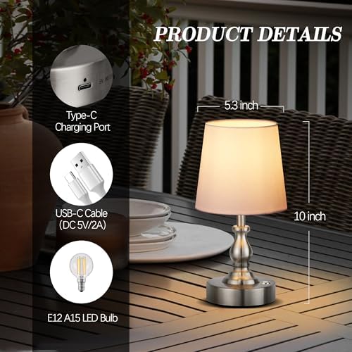 PARTPHONER Mini Cordless LED Table Lamp, 5200mAh Rechargeable Battery Operated Lamp, 3-Level Brightness, Touch Dimmable Desk Lamp, Bedside Night Light for Patio Camping Restaurant Home, Brushed Nickel - Image 5