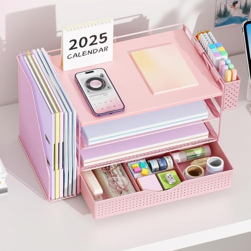 gianotter Wood Desk Organizers and Accessories with File Holder, 4-Tier Desk Accessories & Workspace Organizers with Drawer and Pen Holder, Desk Reference Organizer (Pink, 4T with Drawer) - Image 6