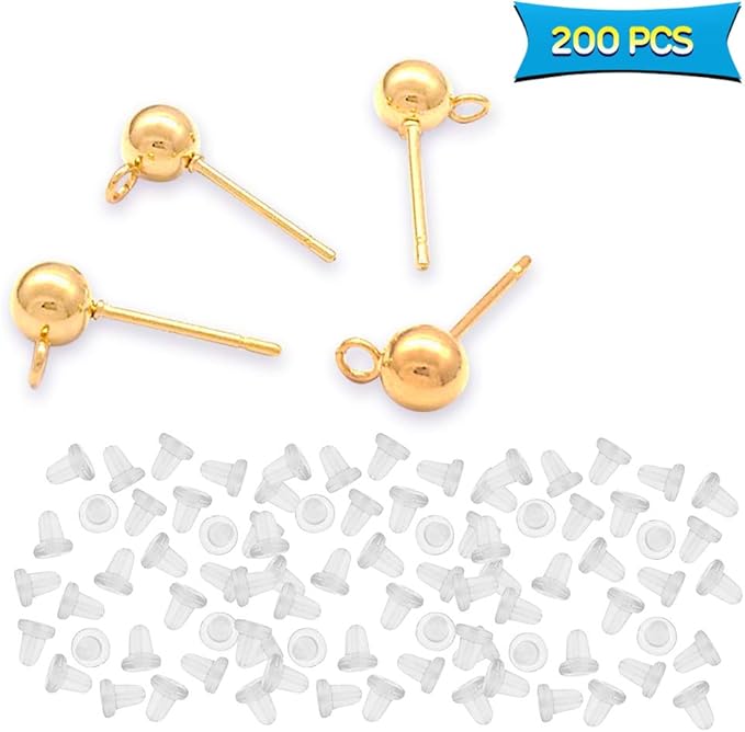 100pcs Ball Post Earring Studs for Jewelry Making, Round Ball Earring Posts with Loop Hypoallergenic Ear Pins and 100Pcs Clear Ear Backs for DIY Jewelry Findings Making Kit(KC Gold)