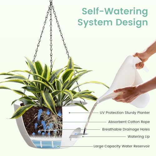 UOUZ Set of 3-10 Inch Self Watering Hanging Planters for Indoor Outdoor，Hanging Plant Pots with Drainage & Removable Tray, Hanging Pots for Pothos Plant, Spider Plants, Ferns, Balcony & Patio, White - Image 4