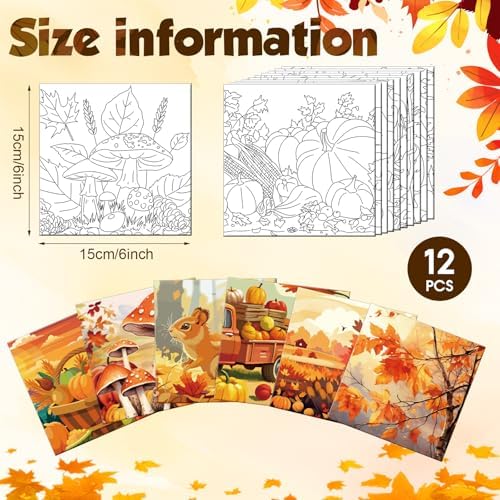 Teling 12 Pcs Fall Pre Drawn Stretched Canvas Kit for Adults Painting Pre Printed Canvas Outline for DIY Painting Party Favor, 6 x 6 x 0.6 Inches(Fall) - Image 2