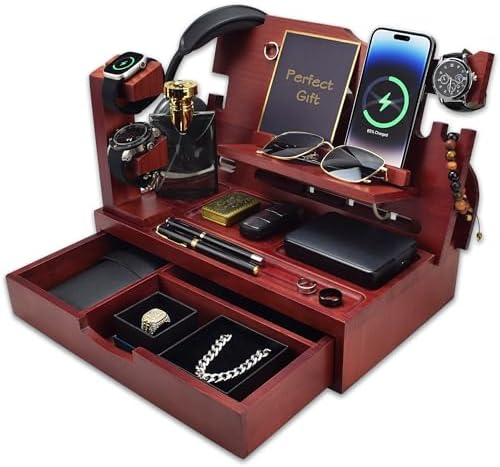 Nightstand Organizer for Men with Drawer Gift for Men, Mahogany by KWYADLUO