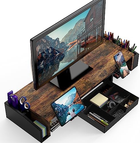 Simple Houseware Desk Dual Monitor Stand Riser with Drawer, Rustic Brown - Image 2