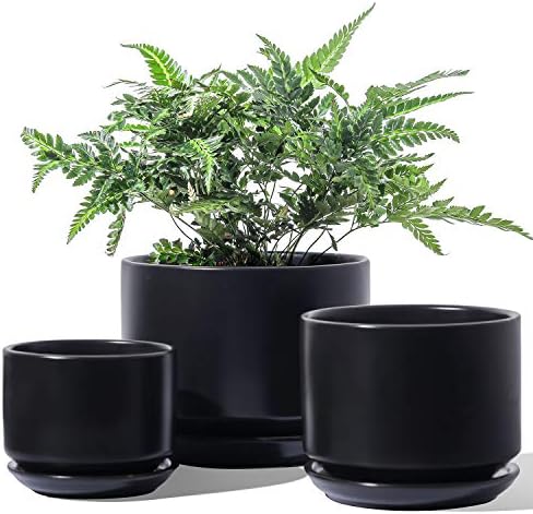 LE TAUCI Ceramic Plant Pots, 4.3+5.3+6.8 inch, Set of 3, Planters with Drainage Hole and Saucer, Indoor Flower Pot with Hole Mesh Pad, Gifts for Mom, Black by LETAUCI