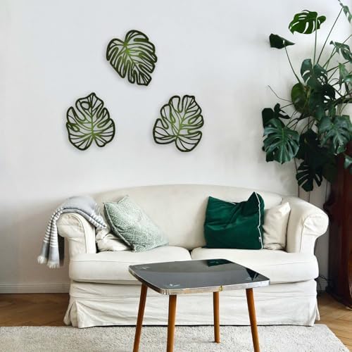 Palm Leaves Wood Wall Decor, 3Pcs Tropical Wall Art Jungle Decor, Wooden Natural Leaves Plant Wall Decor, Vintage Tropical Plant Plaque for Home Living Room Kitchen Bedroom Bathroom & Garden, Green - Image 2