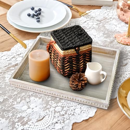 Wooden Decorative Tray, Rectangular Serving Tray with Wood Bead, Farmhouse Big Tray for Ottoman, Countertop, Coffee Tabl, 16.5" x 13"x 1.6" (White Washed) - Image 3