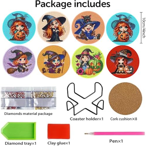 askkqtx 8 Pcs Halloween Diamond Art Coasters Kits with Holder 4X4 Inch - Image 4