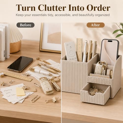KINGFOM Luxury PU Leather Desk Organizer with Drawer, Modern Aesthetic Office Desk Accessories for Men & Women, Multi-Compartment Pen Holder & Desktop Storage Organizer for Home Office - Image 7