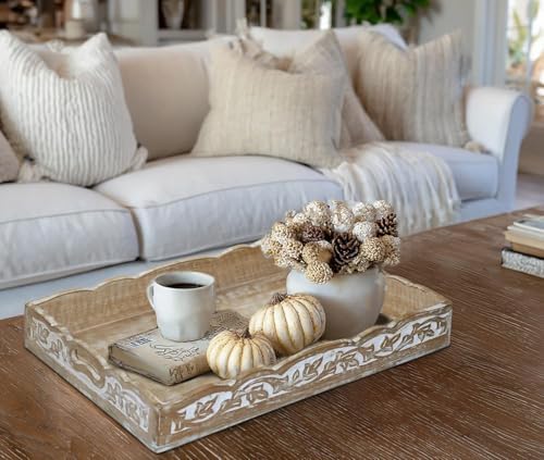COTTON CRAFT Hand Carved Wooden Serving Tray - Breakfast Tray with Handles - Image 2