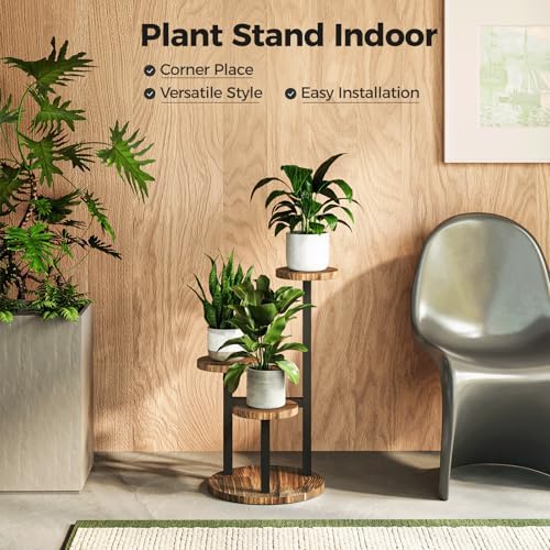 Bamworld Corner Plant Stand Indoor Metal Wood Plant Shelf 3 Tier Brown - Image 2