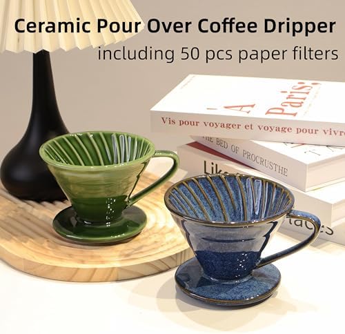 Ceramic Pour Over Coffee Dripper 01 with 50 Pack Filter, Green - Image 2
