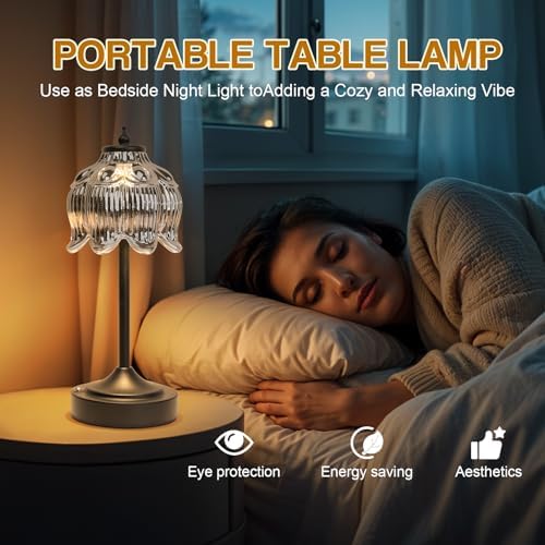 Cordless Table Lamp, Rechargeable Black Glass Lotus Flower Lamp - Image 6