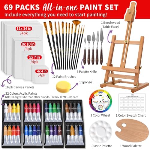 ARTALLY Acrylic Paint Set for Adults & Kids, 69 Pcs Canvas Painting Kits, 32 Colors Acrylic Paint (22ML),Table Easel,Brushes,Canvas, Art Painting Supplies Kit for Students,Artists,Beginners - Image 2