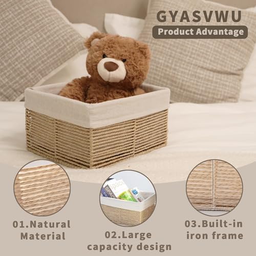 GYASVWU Hand-Woven Paper Rope Storage Baskets,Rectangular Wicker Baskets for Organizing,Decorative Woven Basket for Storage,Shelf Basket for Living Room,Storage Baskets for Pantry (Beige - Large) - Image 2