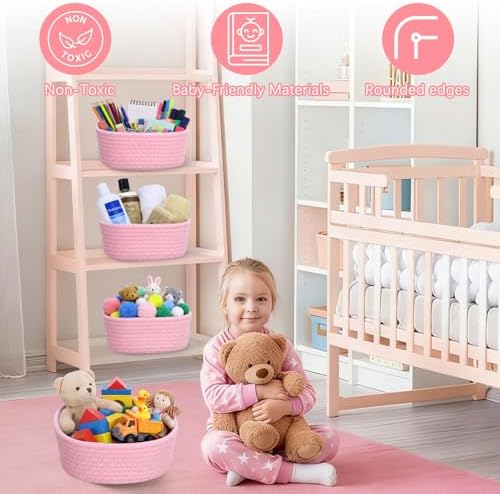 Yinkin 12 Pack Small Storage Basket Cute Natural Cotton Rope Woven Basket Tiny Boho Decorative Toy Storage Bin Gift Baskets for Home Organizing, Closet, Shelf, Nursery, Bathroom(Round,Pink) - Image 5