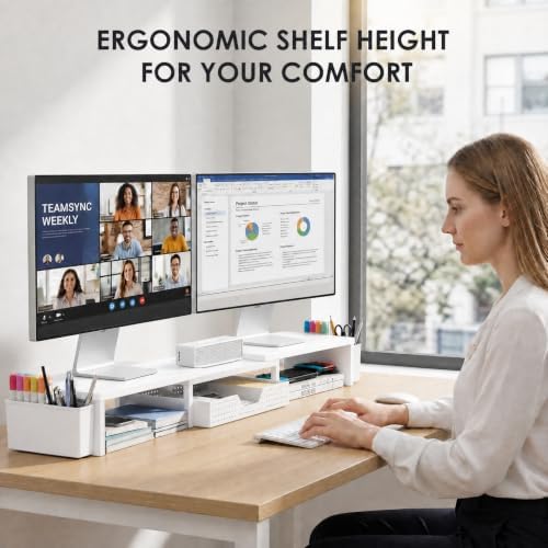 OPNICE Desk Organizers and Accessories, Dual Monitor Stand Riser with Drawer and 2 Pen Holders, Desk Shelf Printer Stand for Office Workspace Organizers, Desktop Organization (White) - Image 2