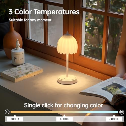 Shenmoyl Tulip Table Lamp with 5200mAh Battery & Touch Control, Cordless Small Table Lamp with 3 Colors, Dimmable Rechargeable Table Lamps for Living Room, Bedroom, Bedside (White Tulip & White Base) - Image 3