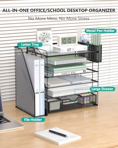 WALI Desk File Organizer, 6 Tier Desktop Paper Letter Tray Organizer with Drawer and 2 Pen Holders, Office Desk Accessories & Workspace Organizers for Office, Home Supplies(DO007DH-B), 1 Pack, Black - Image 2
