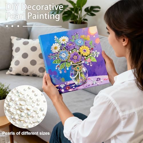 ARTopet DIY Pearl Painting Kit with Frame Gemstone Pearl Diamond Dots Beads Canvas Art Craft for Adult Beginners Display for Tabletop and Wall Mounting Home Decor-Bouquet - Image 2