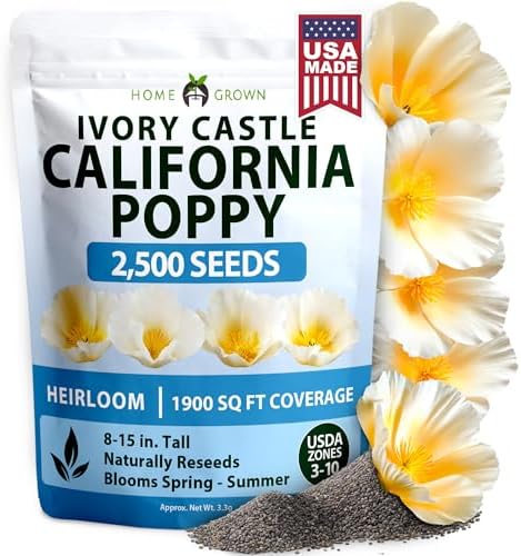 HOME GROWN Ivory Castle Poppy 2500 Flower Seeds Eschscholzia californica by HOMEGROWN
