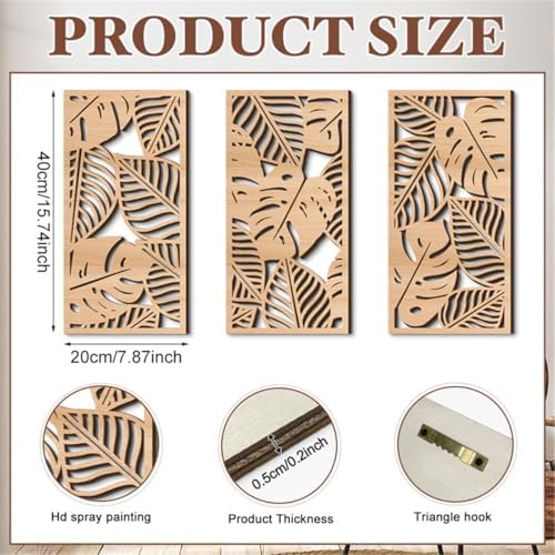 3 Pcs Tropical Leaf Wood Wall Art Decor, Boho Wall Sculptures for Home (A) - Image 2