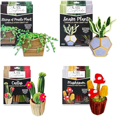 WeVeel Cozy Craftworks Four Plants Chenille Stem Craft Kit Bundle for Teens & Adults – Mindful DIY Plant Craft, Tactile Pipe Cleaner Art Kit with QR Video Tutorials by WeVeel