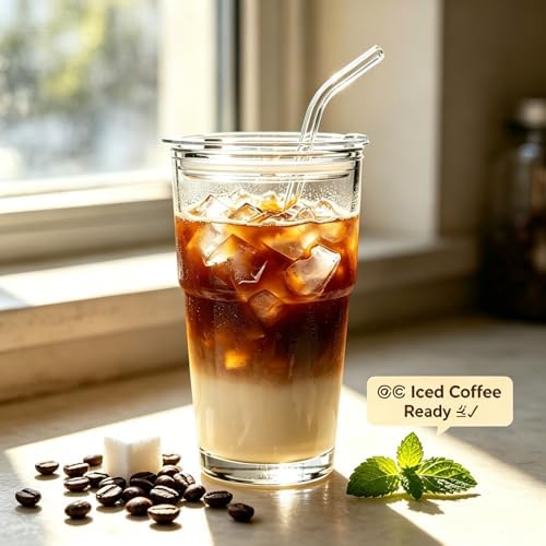 Glass Cups with Lids and Straws, 20oz Glass Tumbler for Iced Coffee, Clear Drinking Glass with Reusable Glass Straw, Leak-Resistant Lid, Fit for Cup Holder, Dishwasher Safe (clear-4pack) - Image 2