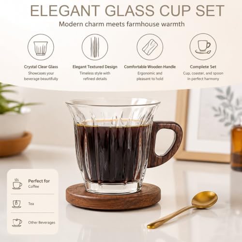 Glass Coffee Cup Set with Wooden Handle and Wooden Saucer, Clear Latte Cappuccino Espresso Mug, Heat Resistant Drinkware Gift for Home Office Café Use - Image 6