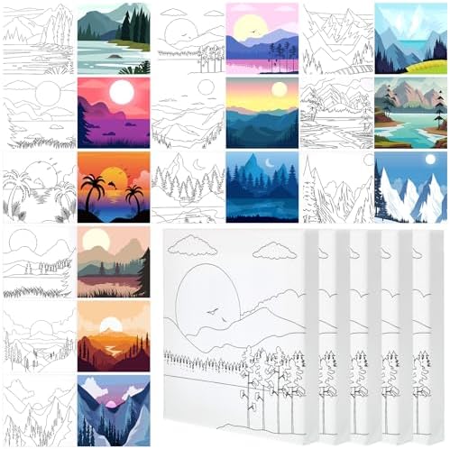 Teling 12 Pcs Pre Drawn Stretched Canvas, Pre Printed Painting, Mountain by Teling